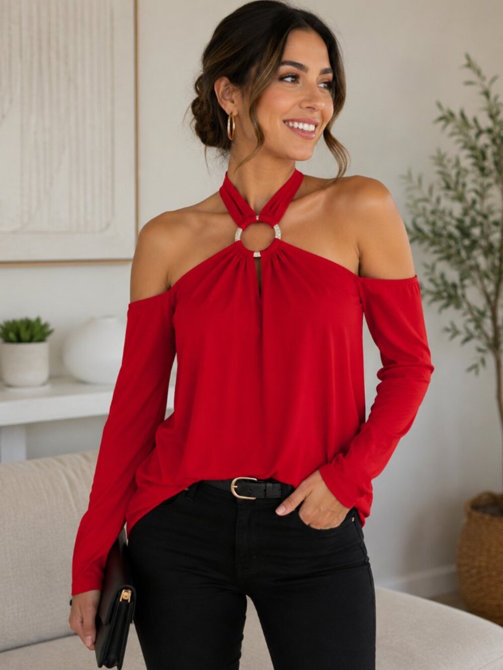 MICHAEL Michael Kors Red Cold Shoulder Halter Ring Long Sleeve Top Women XL
